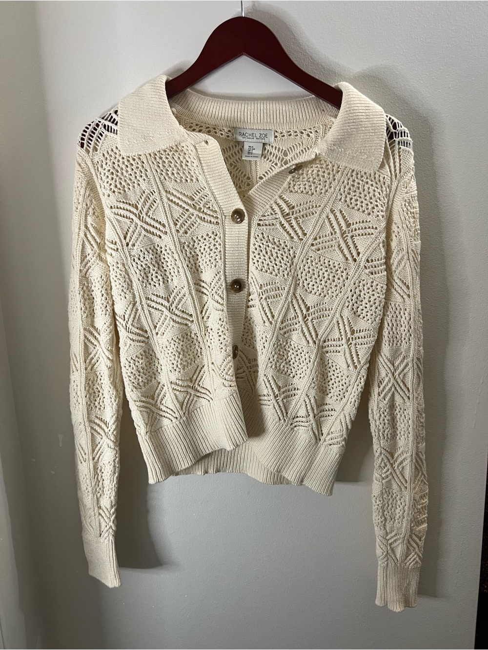 Rachel Zoe Cream Patchwork Open-Knit Polo Cardigan Sweater